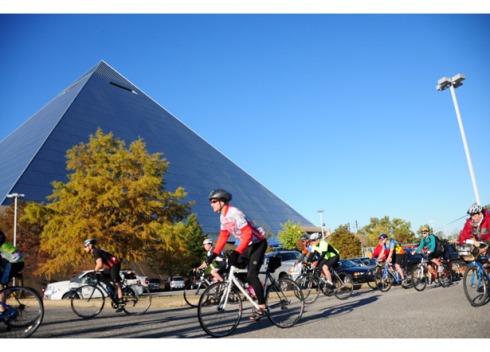 Cyclists depart from the Pyramid in downtown Memphis to ride the Bluff City Blues 100 (Katherine Fisher, on Bicycling .com)