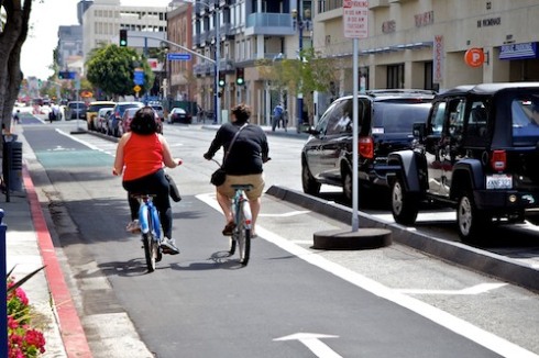 Protected bike lane in Long Beach, CA.  From la.streetsblog.org.
